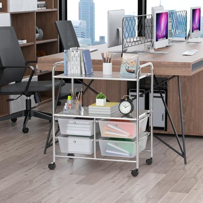 RELAX4LIFE Rolling Storage Cart with 4 Drawers & 2 Shelves, Metal Frame Paper Scrapbook File Organizer for Home Office, School Classroom, Movable Art Craft Cart (Clear) - color: Clear