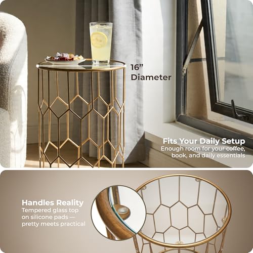Harper Round Glass Accent Side Table, 16 Inch Modern End Table with Gold Metal Geometric Frame for Living Room, Bedroom or Small Spaces