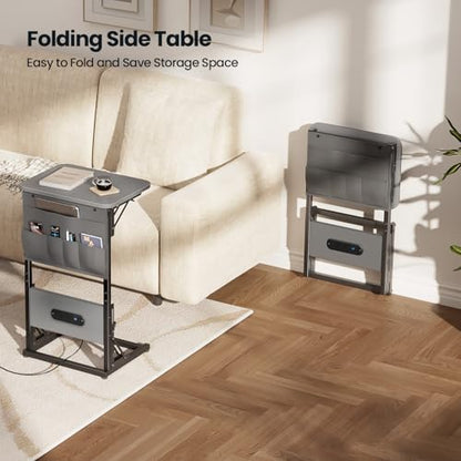 HLDIRECT C Shaped End Table with Charging Station & Storage Bag Gray | 2 USB & 2 Outlets, Storage Bag, FSC Wood, Foldable, 11.8"D x 15.7"W, for Small Spaces, Couch, Bedroom - color: Grey