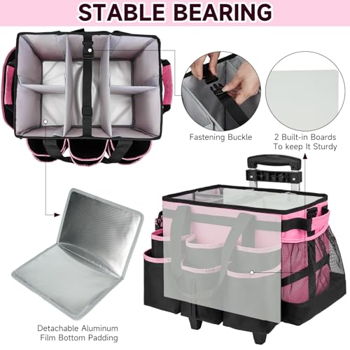 Large Rolling Cleaning Caddy Bag with Detachable Trolley,Cleaning Cart on Wheels with Shoulder Strap,Cleaning Supplies Organizer for Housekeepers,PInk - color: Pink