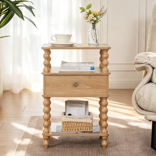 AWASEN Night Stand with Drawer, Bedside Table with Storage, 3-Tier Small Nightstand End Table for Bedroom with Solid Wood Spindle Legs, Rustic Walnut - color: Rustic Walnut