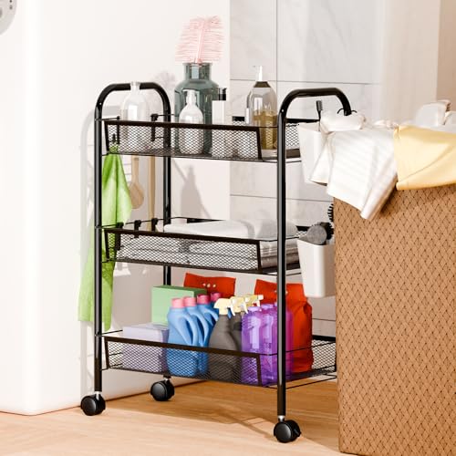 5 Tier Stackable Fruit Vegetable Storage Basket, Metal Mesh Produce Organizer Cart with 360 Degree Swivel Wheels, Rolling Snack Storage Rack, Carbon Steel Pantry Organizer Shelf (Black 3-Layers) - color: Black 3-layers
