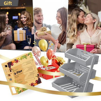 Hellojin Gray Bamboo 3 Tier Fruit Basket for Counter with Banana Hangers | Wooden Tiered Organizer, Protective Mats, Large Capacity, Versatile Holder for Bread, Snacks, Veggies, Onion and Potato - color: Grey-3 tier