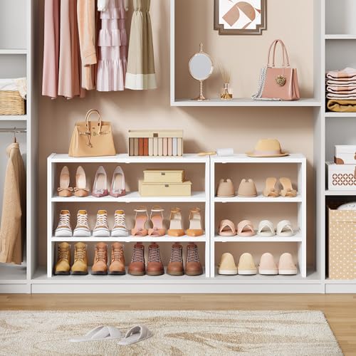Hoctieon 3-Tier Expandable Shoe Shelf, Adjustable Shoe Shelf Storage Organizer, Stackable Iron Wood Combination Free Standing Shoe Rack for Entryway, Closet, Doorway, White - size: 1 Pack(3-Tier)