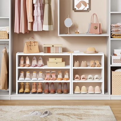 Hoctieon 3-Tier Expandable Shoe Shelf, Adjustable Shoe Shelf Storage Organizer, Stackable Iron Wood Combination Free Standing Shoe Rack for Entryway, Closet, Doorway, White - size: 1 Pack(3-Tier)