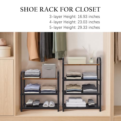 Narrow Shoe Rack for Entryway Small Spaces, 3-Tier Shoe Organizer | Compact Metal Wood Shoe Storage Shelf, Wooden Top, Guardrails, Mesh Shelves, Free Standing, for Front Door Entrance, Closet - size: 17.32" X 10.24" X 16.93"
