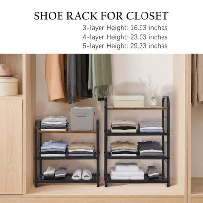 Narrow Shoe Rack for Entryway Small Spaces, 3-Tier Shoe Organizer | Compact Metal Wood Shoe Storage Shelf, Wooden Top, Guardrails, Mesh Shelves, Free Standing, for Front Door Entrance, Closet - size: 17.32" X 10.24" X 16.93"