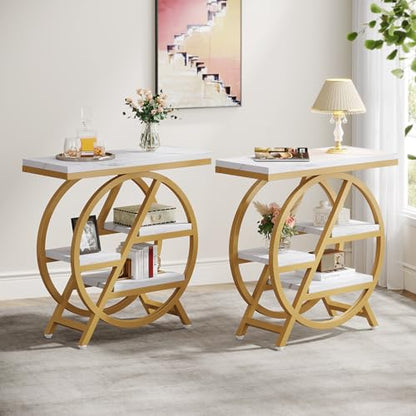 Tribesigns End Table Set of 2, Modern Faux Marble Side Table for Living Room, 3 Tier Narrow Sofa Side Table with Storage and Metal Frame, Nightstand and Bedside Table for Bedroom, Gold & White - color: White & Gold