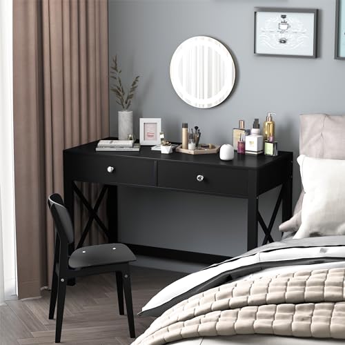 WiberWi Home Office Desk with Drawers, Modern Writing Computer Desk for Bedroom, Small Makeup Vanity Table Study Table for Home Office,Black - color: Black