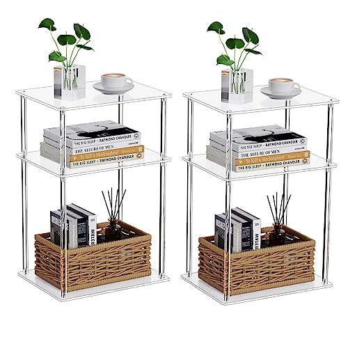 Clear Acrylic Side Table, 3-Tier End Table for Living Room, Small Bedside Tables Nightstand for Bedroom Set of 2, Home Decor Accent Table, 15.7" L x 11.8" W x 23.6" H - size: 2-Pack