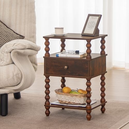 AWASEN Night Stand, Bed Side Table Bedroom with Drawer, 3-Tier Small Nightstand End Table with Storage for Small Spaces &Solid Wood Spindle Legs, Rustic Brown - color: Rustic Brown