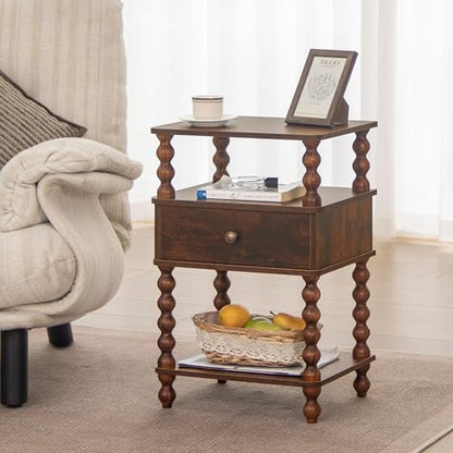 AWASEN Night Stand, Bed Side Table Bedroom with Drawer, 3-Tier Small Nightstand End Table with Storage for Small Spaces &Solid Wood Spindle Legs, Rustic Brown - color: Rustic Brown