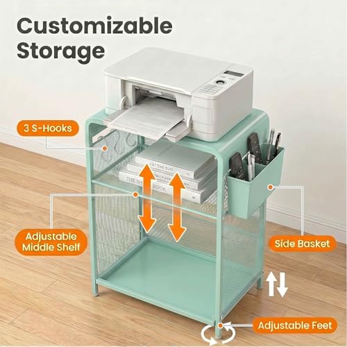 ECOLOVI 3 Tier Printer Stand for Under Desk, Height Adjustable Shelf Small Printer Table with 3 S-Hooks & Basket, Heavy Duty Industrial Storage Shelf for Home Office (Green) - color: Green