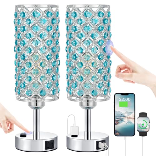 Hong-in Blue Crystal Lamp Touch Control Set of 2, Crystal Table Lamps with USB C+A Ports & AC Outlet, 3-Way Dimmable Nightstand Touch Lamp, Modern Bedside Table Lamp for Bedroom(Bulbs Included) - color: Blue