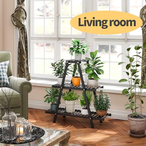 Bamboo Plant Stand Indoor/Outdoor, 3-Tier, Black, Rectangular, 8 Potted Flower Holder Ladder Plant Rack - color: Black