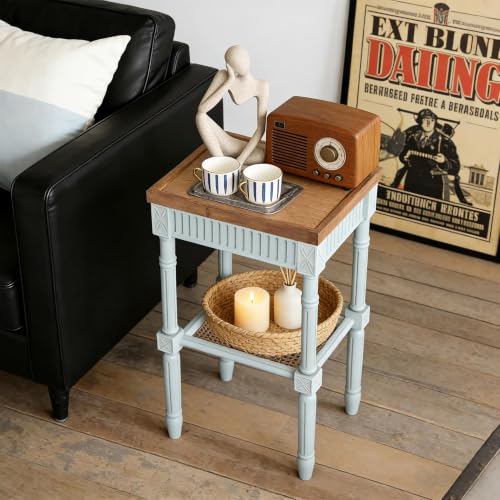 COZAYH End Table - Rustic Farmhouse Accent Table - Tray Top, Pale Mint Blue | Engineered Wood, 17 x 13 x 28.25 in, 35 lb Capacity, Rectangular Shape, Distressed Finish, Wicker Shelf, No Assembly Required - color: Mint, size: 1-Pack