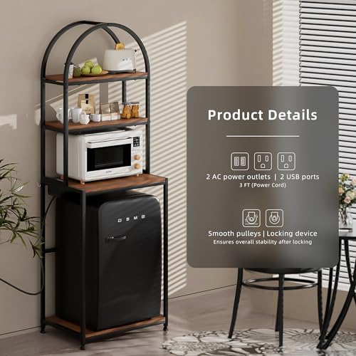 Arched Metal Mini Fridge Stand with Power Outlet and Wheels, Black | 4-Tier Microwave Organizer Stand and Mini Fridge Shelf with Storage for Kitchen, Dorm, Living Room and Small Space