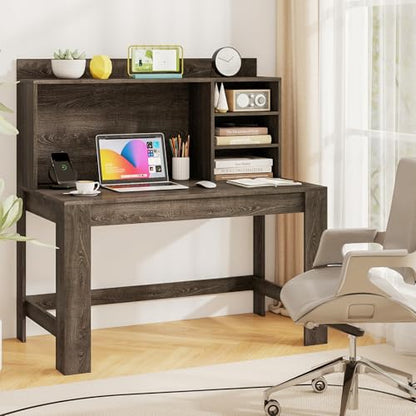 Tangkula Computer Desk with Hutch & Charging Station, Home Office Writing Study Desk with Storage Shelves, Cable Management Hole, Laptop Desk, Desk for Bedroom, Computer Workstation (Gray Oak) - color: Gray Oak