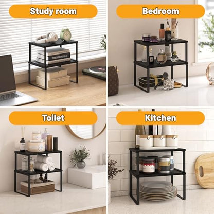 Kitchen Cabinet Organizer Shelf Set of 4, Sturdy Kitchen Counter Shelves with Metal Legs, Stackable Expandable Wood Spice Rack Pantry Cupboard Dish Mug Cup Storage Organizer Shelf, Black - color: Black