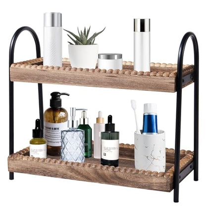 BDBDYEAY Bathroom Countertop Organizer, 2 Tier Vanity Organizer and Storage for Cosmetic Skincare Perfume, Wood Bead Storage Shelf for Bathroom Kitchen Coffee Station