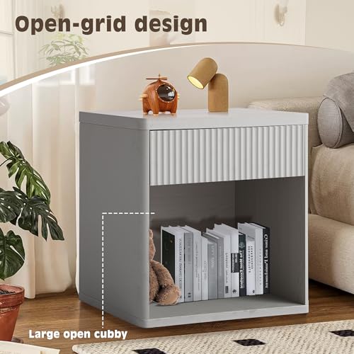 23" Fluted Nightstand, Large Bed Side Table End Table with Drawer | Mid Century Modern Bedside Night Stands with Storage for Bedroom Living Room Sofa Couch Office, White Alder