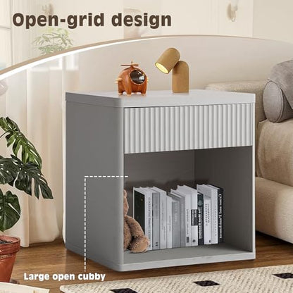 23" Fluted Nightstand, Large Bed Side Table End Table with Drawer | Mid Century Modern Bedside Night Stands with Storage for Bedroom Living Room Sofa Couch Office, White Alder