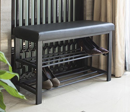 Finnhomy Entryway Shoe Rack with Cushioned Seat, Shoe Bench for Entry, 2 Shelves Storage Bench w/Faux Leather Top Bed Bench, Black - style: Traditional