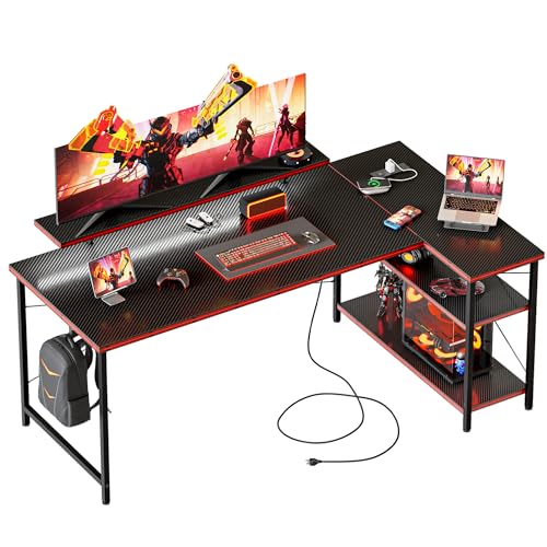 Mericonia Small L Shaped Computer Desk with Power Outlets, Reversible Gaming Desk with Storage Shelves & Monitor Stand, Corner Gamer Desk Table, Study Writing Table - color: Carbon Fiber, size: 48 inch
