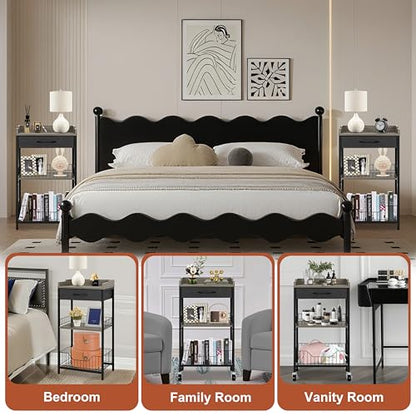 Tall Side Table with Drawer and Shelves, Narrow End Table with Optional Wheels, 4-Tier Small Side Table, 30" High for Living Room, Bedroom, Bathroom, Black & Grey - color: Black With Grey