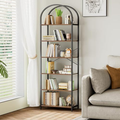 Homhedy 6-Tier Arched Bookshelf, Display Racks, Tall Book Shelf, 73.6" H | Wood and Metal Bookcase, Industrial Display Standing Shelf Unit, for Home, Office, Living Room, Bedroom, Rustic Brown - size: 6 Tier -23.6"W
