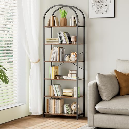 Homhedy 6-Tier Arched Bookshelf, Display Racks, Tall Book Shelf, 73.6" H | Wood and Metal Bookcase, Industrial Display Standing Shelf Unit, for Home, Office, Living Room, Bedroom, Rustic Brown - size: 6 Tier -23.6"W