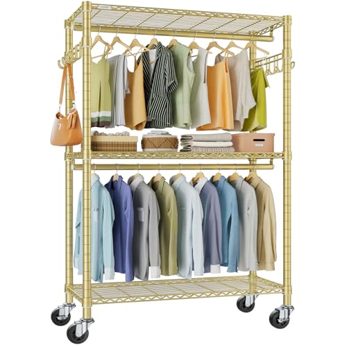 VIPEK R2 Plus Rolling Clothes Rack for Hanging Clothes Heavy Duty Garment Rack 3 Tiers Adjustable Wire Shelving Clothing Racks with Double Hanging Rods, Closet Organizers and Storage, Gold - color: Gold, size: R2 Plus