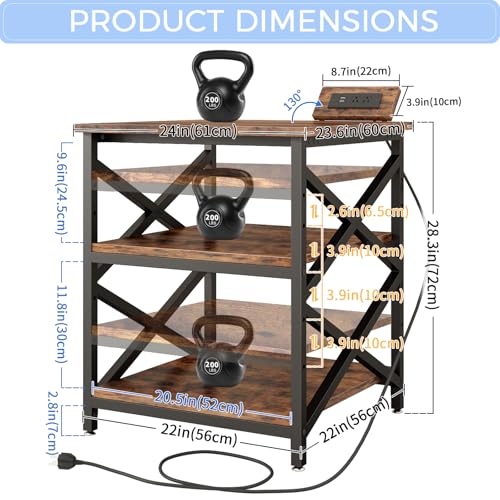 METYERRY 23.6"x23.6" Large Printer Stand with Power Outlet, 3 Tier Cart | Adjustable Shelf, Fits 3D Printers, Laser Printers and Heat Press, 200 lbs Heavy Duty, Industrial Wheels, Home Office - color: Rustic Brown