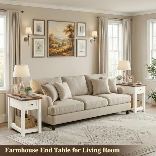 Narrow End Table Set of 2 with Charging Station - Farmhouse Side Tables with Drawer, 14" Wood Nightstands Set of 2 for Bedroom Living Room, Slim Couch Bedside Table Small Spaces, Antique White & Brown - color: Antique White & Brown, size: 2 Pack