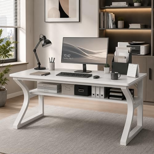 47'' Computer Desk Home Office Desk with Storage Shelf, Writing Study Desk for Small Space Sturdy Metal Frame Work Desk for Bedroom Home Office (White, 55inch) - color: White, size: 55inch