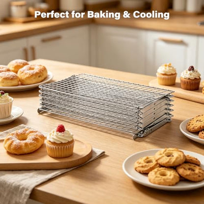 6 Tier Upgraded Collapsible Cooling Rack with Adjustable 3 Setting Design, Stackable Baking Rack with Clean Brush, Roasting Cooking Drying Wire Cooling Rack for Cookies Baking Roasting ＆ Grilling - color: Silver