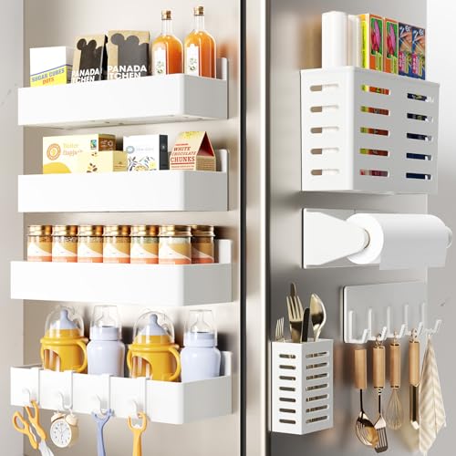 Magnetic Spice Rack for Refrigerator,8 Pack Magnetic Shelf,Fridge Magnet Organizer with Paper Towel Holder,Utensils Racks,Hook Rack,Deepened Basket,Fridge Organizers and Storage White(8 Pack) - color: White, size: 8 Pack