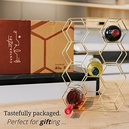 Gusto Nostro Countertop Wine Rack - 14 Bottle Freestanding Modern Gold Metal Small Wine Rack - 3 Tier Tabletop Wine Holder Stand for Cabinet, Pantry, Wine Bottle Storage - No Assembly Required - color: Gold