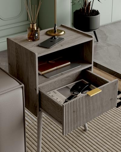 Veegle Nightstand,Modern Bedside Table with Storage Drawer and Open Wood Shelf, Accent Night Stand with Solid Wood Legs for Living Room, Bedroom and Small Spaces,Easy Assembly (Grey Oak) - color: Grey Oak