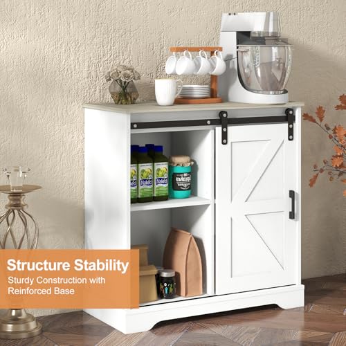 Panana Sliding Barn Door Buffet Sideboard Storage Cabinet Coffee Bar Kitchen Farmhouse Style (White Cabinet Nature Top) - color: White Cabinet Nature Top