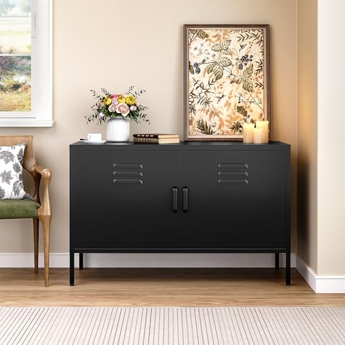 SISESOL Black Metal Storage Cabinet with Doors and Shelves,2 Door Wide Metal Locker Accent Storage Cabinet with Leg & Vent Hole,Wide TV Cabinets,Low Side Cupboard for Home,Office,Dining/Living Room - color: Black