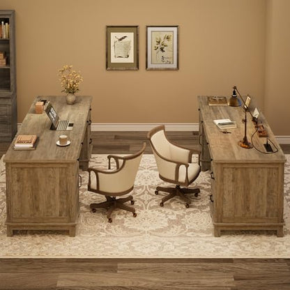 Garvee 60" Wooden Home Office Desk with File Drawers, Executive Desk with Adjustable Cabinet, Farmhouse Wood Desk with Power Outlet, Distressed Study and Work Table, Rustic Grey - color: Rustic Grey, size: 60" W