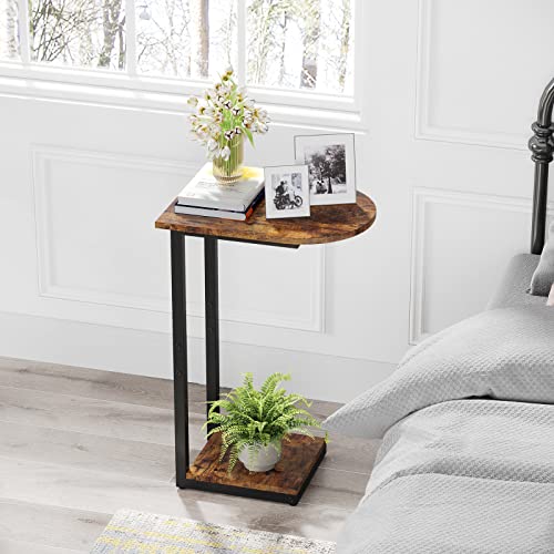 Hosfais Side Table Small End Table, C-Shaped Wood Sofa Table with Metal Frame for Living Room, Bedroom, Small Spaces (Rustic Brown) - color: Rustic Brown, size: Curved
