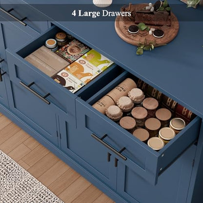HOSTACK 60" W Sideboard Buffet Cabinet with Storage, Kitchen Cabinet, Blue | 36" Tall Kitchen Buffet Storage Cabinet with 4 Drawers, Large Coffee Bar Cabinet, Modern Buffet Table for Dining Living Room - color: Blue