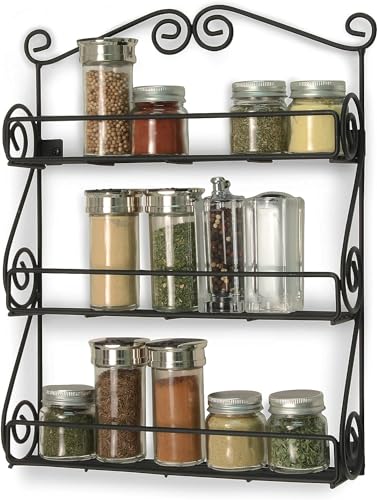 FitWell Scroll Wall Mount Spice Rack, 3-Tier, Traditional Spice Rack Cabinet & Kitchen, Beauty & Nail Polish Organizer for Bathroom, Scroll Wall-Mounted (Black) - color: Black