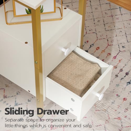 HOOBRO End Table with Charging Station, Narrow Side Table with 2 Drawer & USB Port & Power Outlets, Nightstand for Small Spaces, Stable and Sturdy, for Living Room, Bedroom, Gold and White DW541BZ01 - color: Gold + White