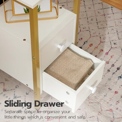 HOOBRO End Table with Charging Station, Narrow Side Table with 2 Drawer & USB Port & Power Outlets, Nightstand for Small Spaces, Stable and Sturdy, for Living Room, Bedroom, Gold and White DW541BZ01 - color: Gold + White