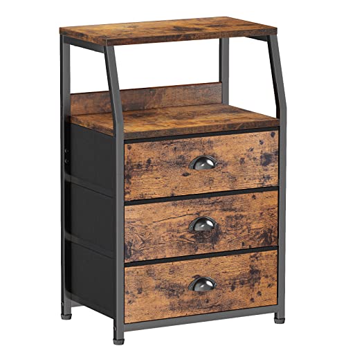 Furnulem Nightstand with 3 Drawers and 2-Tier Shelf, Fabric Small Dresser Organizer Vertical Storage Tower for Bedroom, Closet, Hallway, Nursery, End Table Side Furniture, Sturdy Steel Frame, Wood Top - color: Rustic Brown, style: 3 Drawers