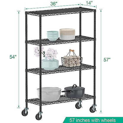 Folews 4-Tier Storage Shelving Unit with Wheels, Metal Rolling Storage Shelves NSF Adjustable Layer Steel Rack Shelf, Wire Shelving Storage for Kitchen Garage Pantry Office, Black (14D x 36W x 57H) - size: 4-Tier