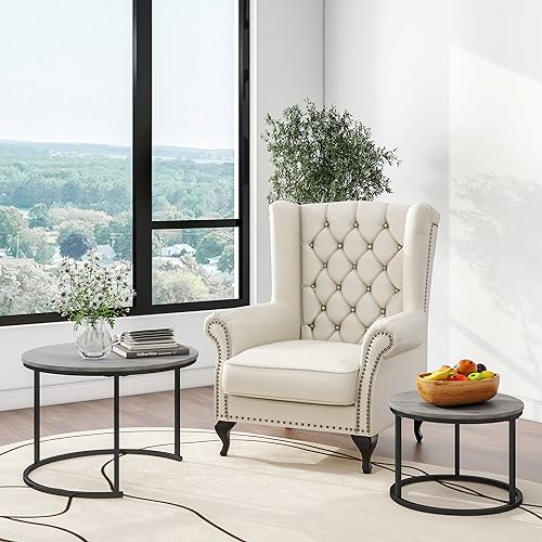 HOJINLINERO Round Nesting Coffee Tables Set of 2,Black+Warm Grey,Large | Center Tables for Living Room,Bedroom,Office,Home Small Space,Stacking Side Tables,Sturdy and Easy Assembly,Wood Desktop - color: Grey, size: Large